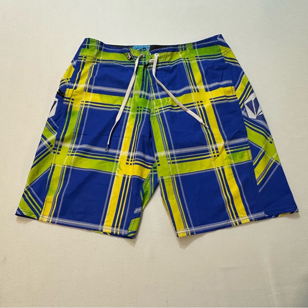 Volcom Plaid Board Shorts Size 34 Bright Blue & Yellow